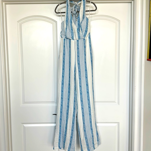 Line and Dot Boho White and Blue Halter JumpSuit - Picture 1 of 13